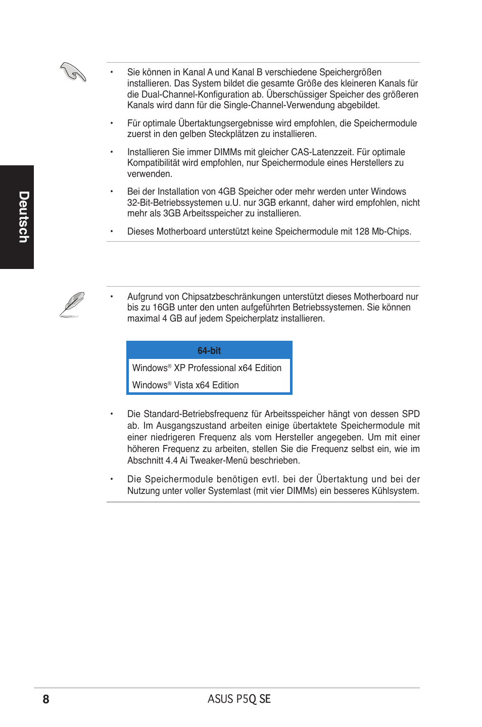 Deutsch | Asus P5Q SE/R User Manual | Page 8 / 50