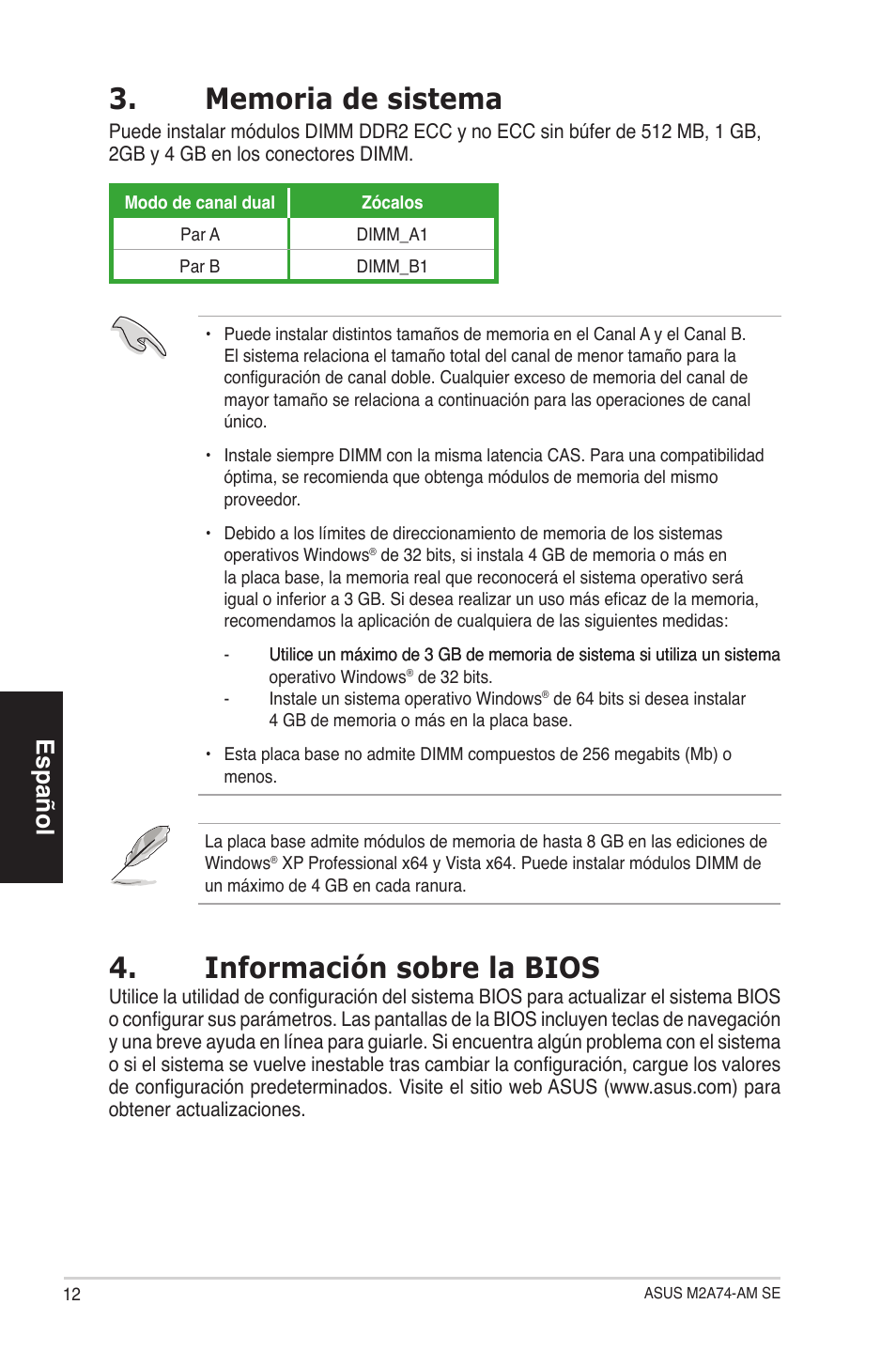 Información sobre la bios, Español | Asus M2A74-AM SE User Manual | Page 12 / 38