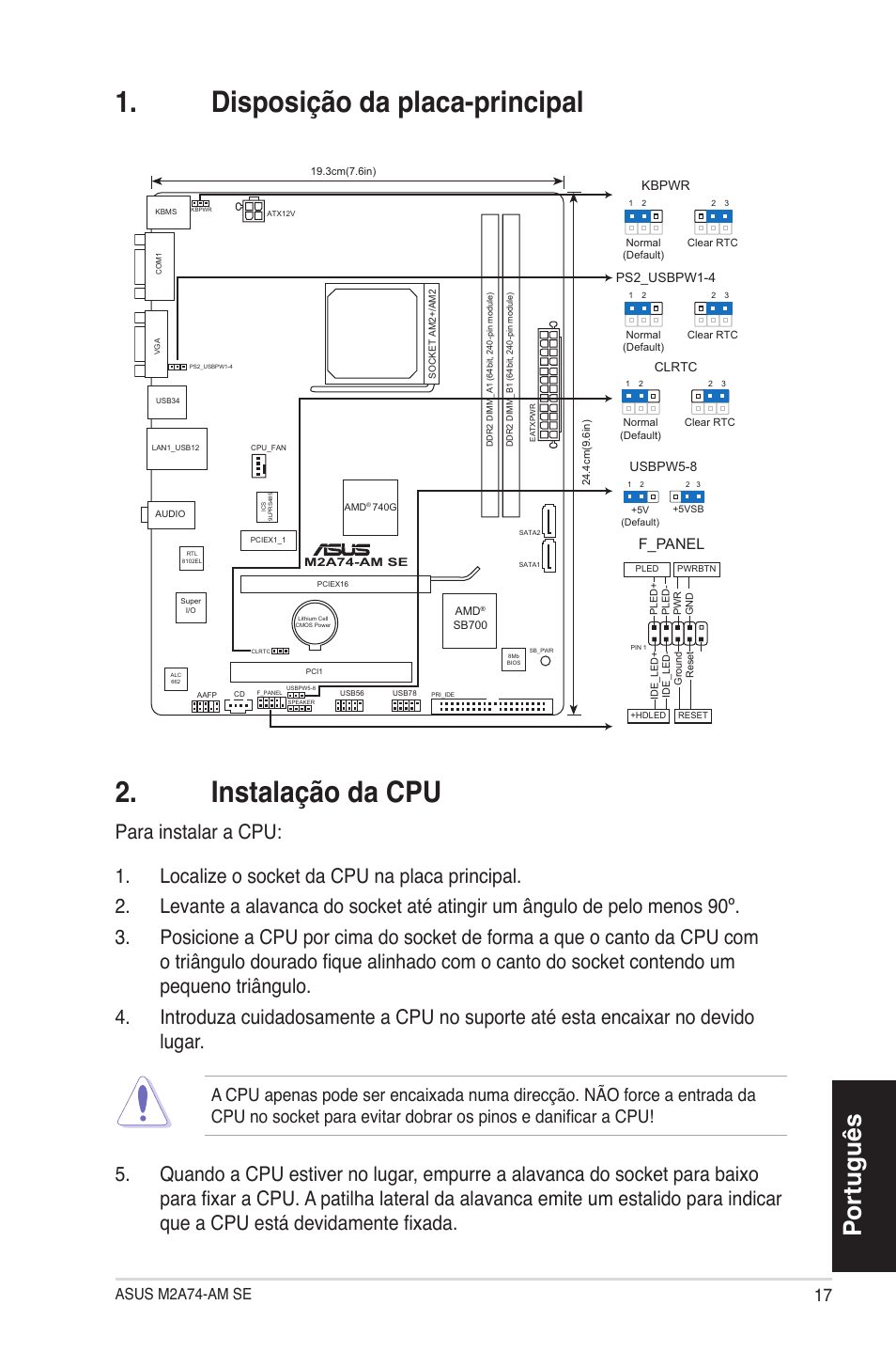 Disposição da placa-principal 2. instalação da cpu, Português, Asus m2a74-am se | F_panel | Asus M2A74-AM SE User Manual | Page 17 / 38