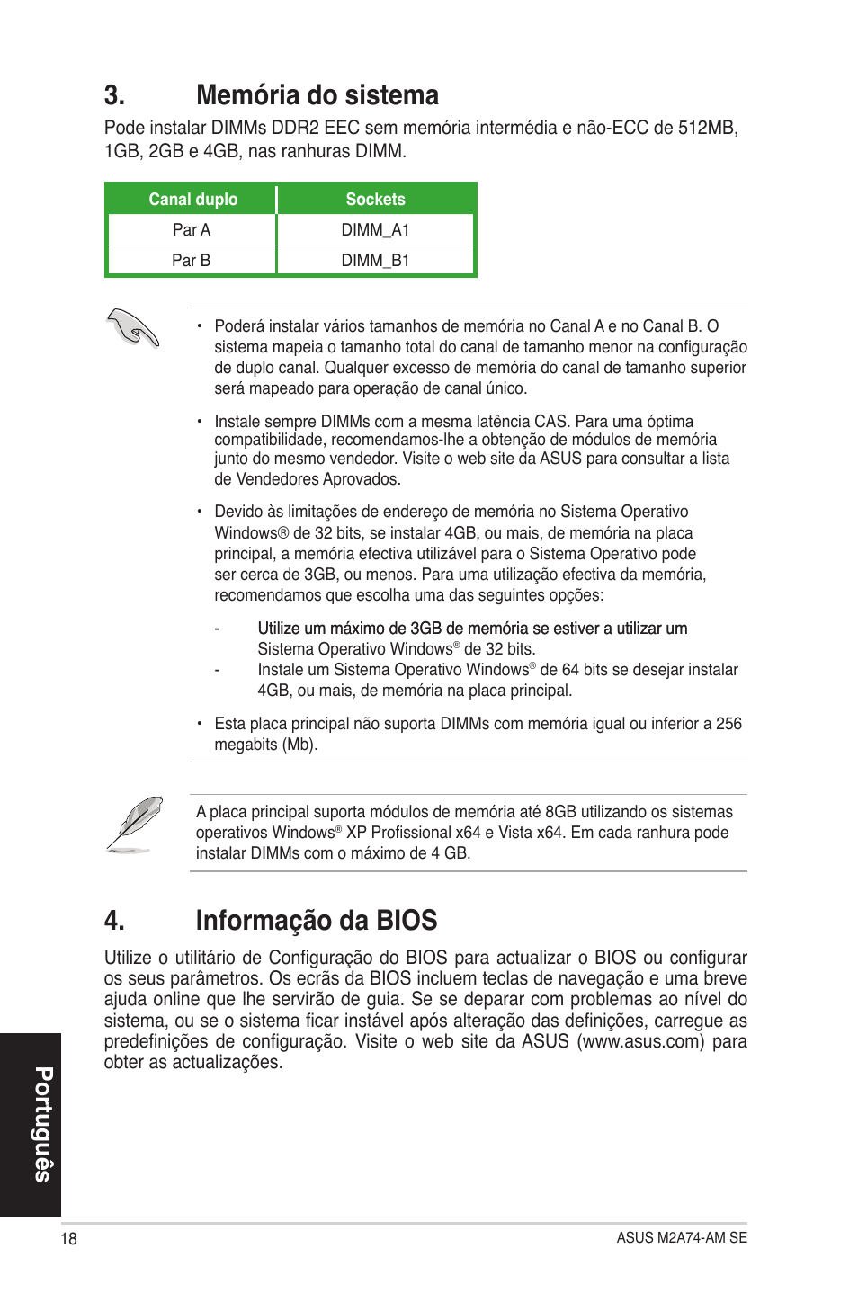 Memória do sistema, Informação da bios, Português | Asus M2A74-AM SE User Manual | Page 18 / 38