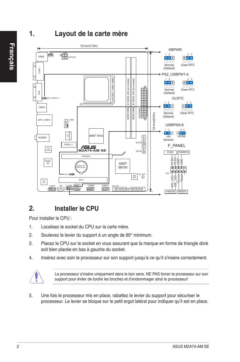 Layout de la carte mère 2, Français, Installer le cpu | 2asus m2a74-am se, F_panel | Asus M2A74-AM SE User Manual | Page 2 / 38