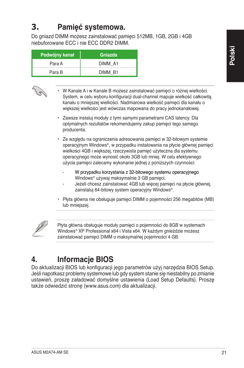 Pamięć systemowa, Informacje bios, Polski | Asus M2A74-AM SE User Manual | Page 21 / 38