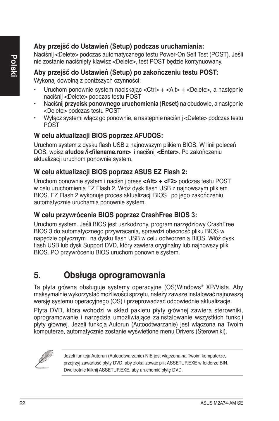 Obsługa oprogramowania, Polski | Asus M2A74-AM SE User Manual | Page 22 / 38