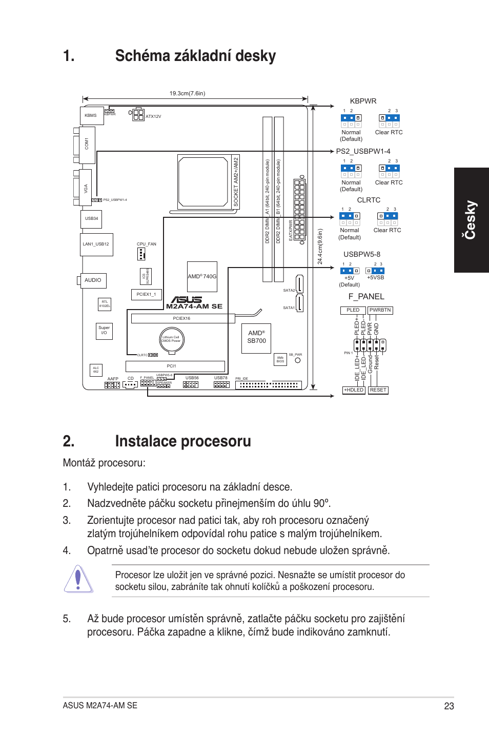 Schéma základní desky 2. instalace procesoru, Česky, Asus m2a74-am se | F_panel | Asus M2A74-AM SE User Manual | Page 23 / 38