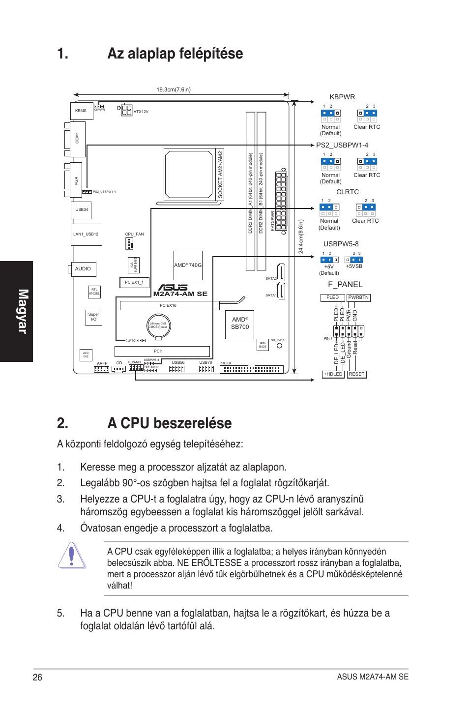 Az alaplap felépítése 2. a cpu beszerelése, Magyar, Asus m2a74-am se | F_panel | Asus M2A74-AM SE User Manual | Page 26 / 38