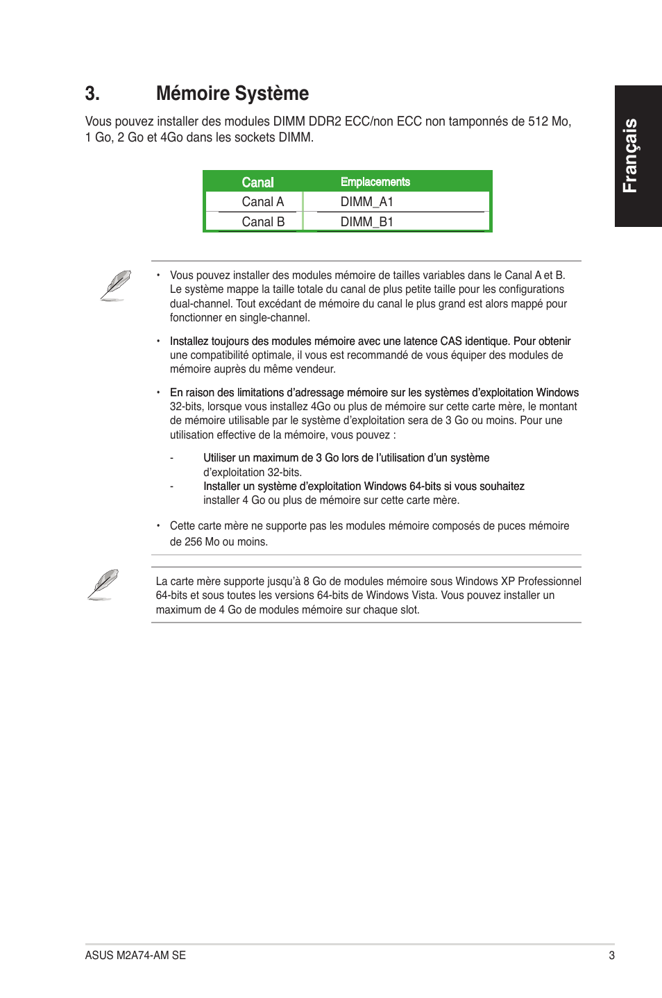 Mémoire système, Français | Asus M2A74-AM SE User Manual | Page 3 / 38