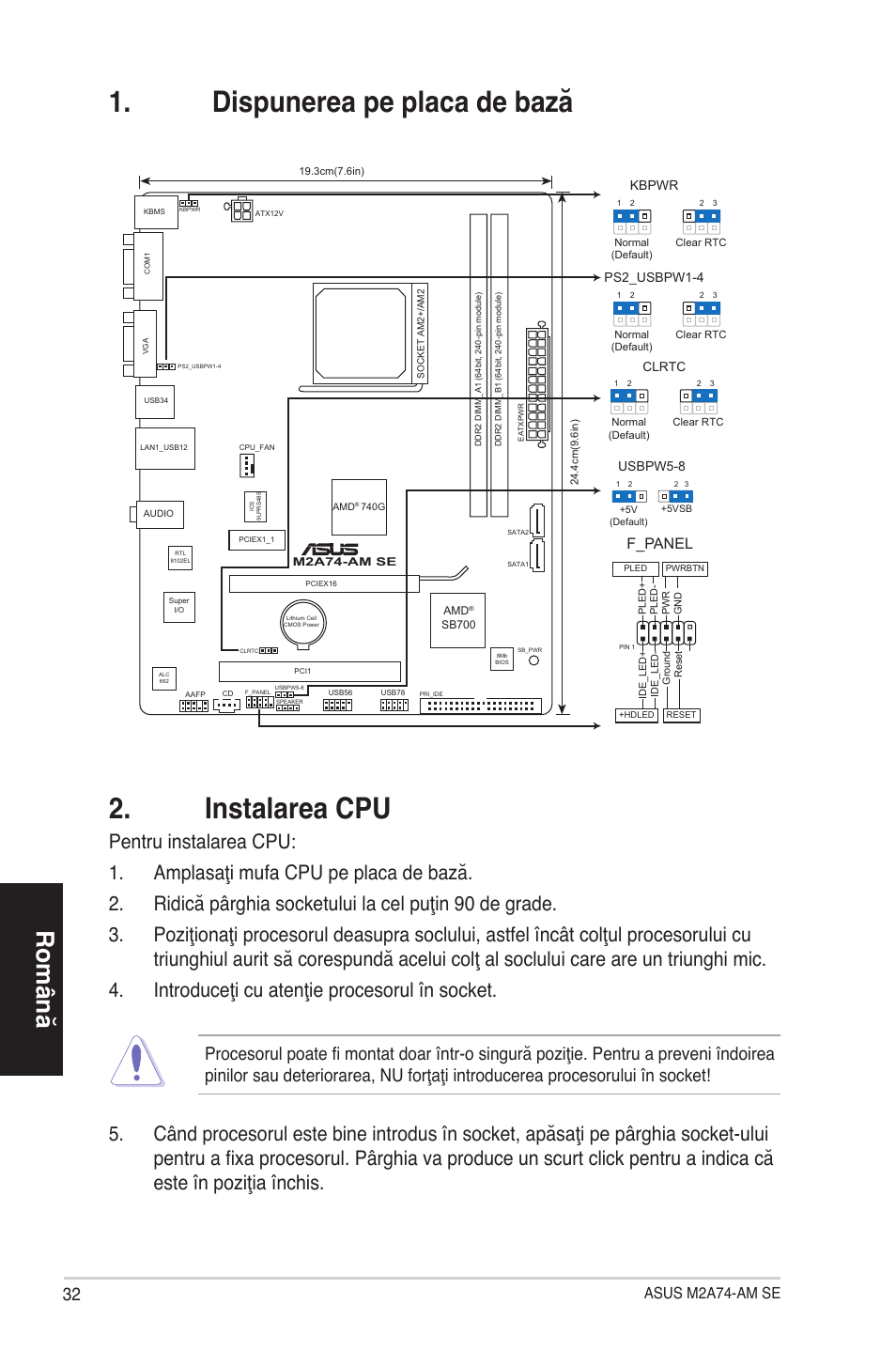 Dispunerea pe placa de bază 2. instalarea cpu, Română, Asus m2a74-am se | F_panel | Asus M2A74-AM SE User Manual | Page 32 / 38