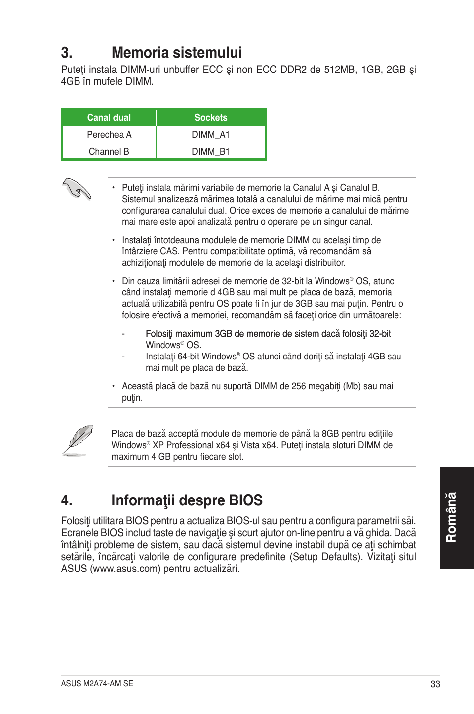 Informaţii despre bios, Română | Asus M2A74-AM SE User Manual | Page 33 / 38