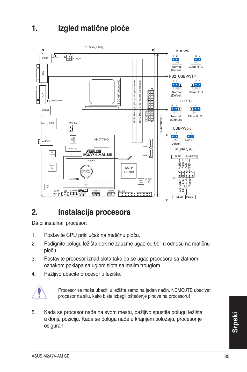 Izgled matične ploče 2. instalacija procesora, Srpski, Asus m2a74-am se | F_panel | Asus M2A74-AM SE User Manual | Page 35 / 38