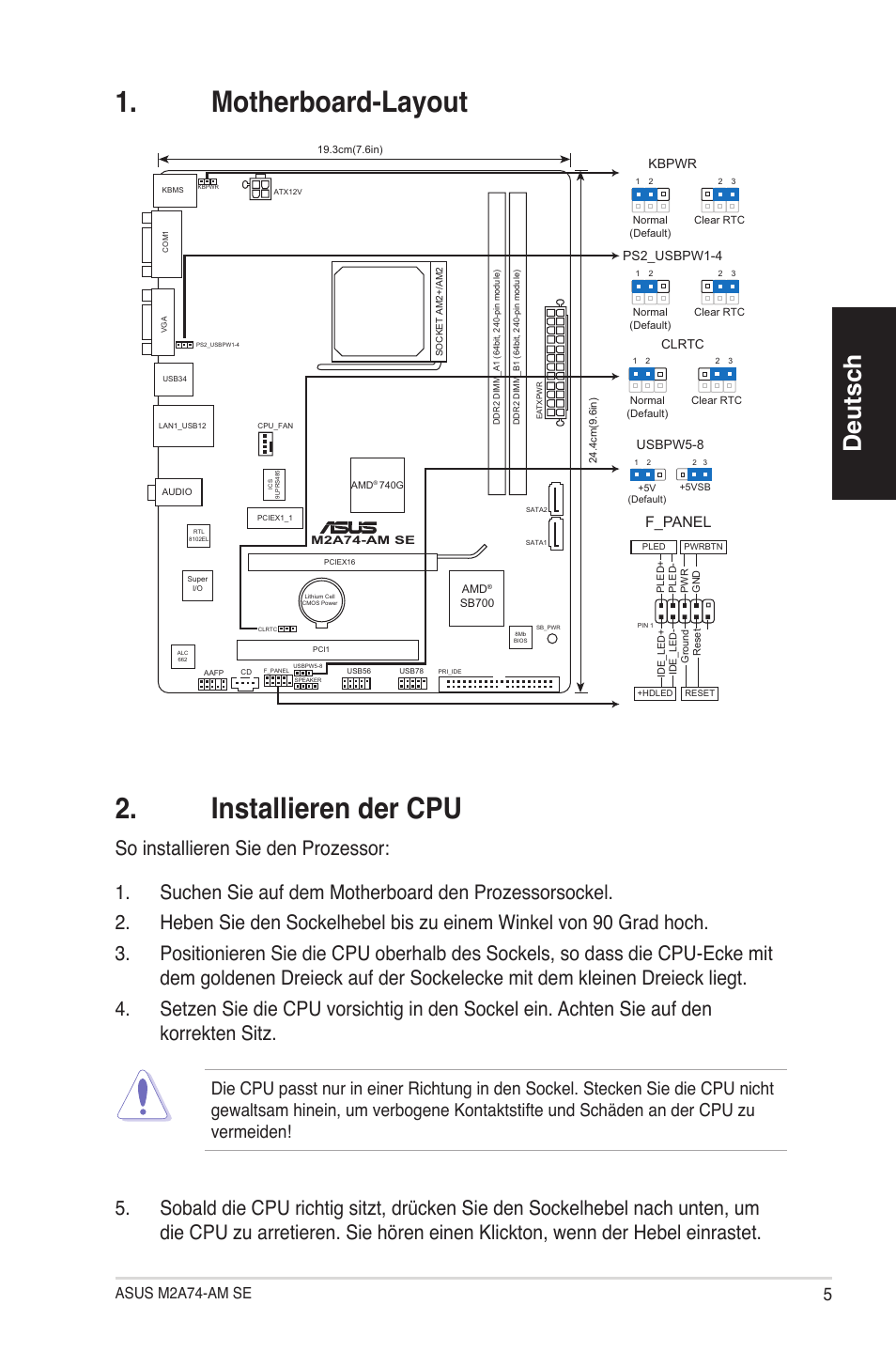 Motherboard-layout 2. installieren der cpu, Deutsch, Asus m2a74-am se | F_panel | Asus M2A74-AM SE User Manual | Page 5 / 38