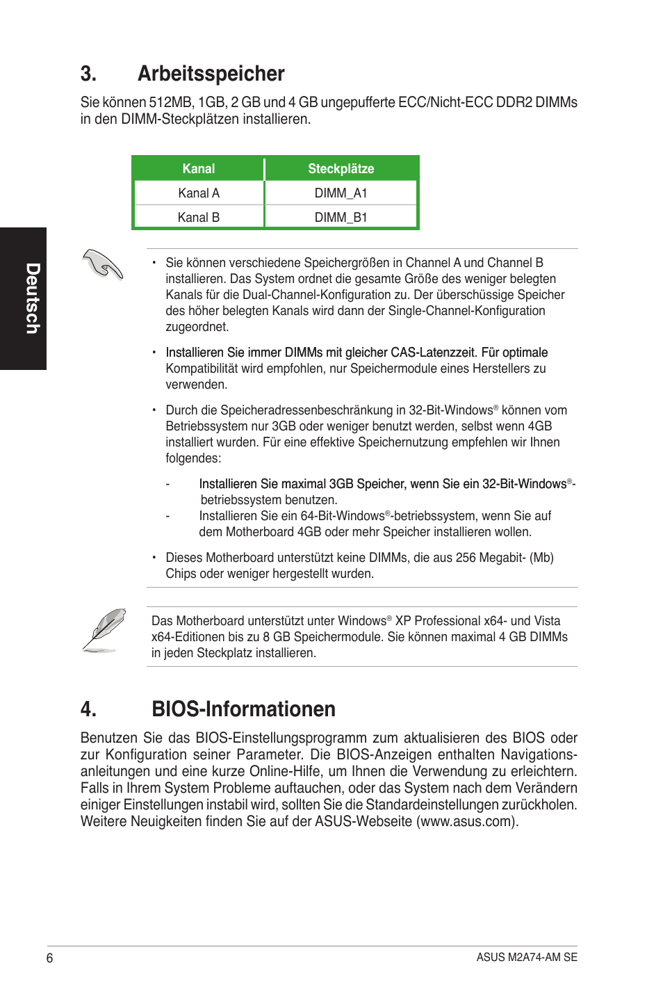 Bios-informationen, Arbeitsspeicher, Deutsch | Asus M2A74-AM SE User Manual | Page 6 / 38