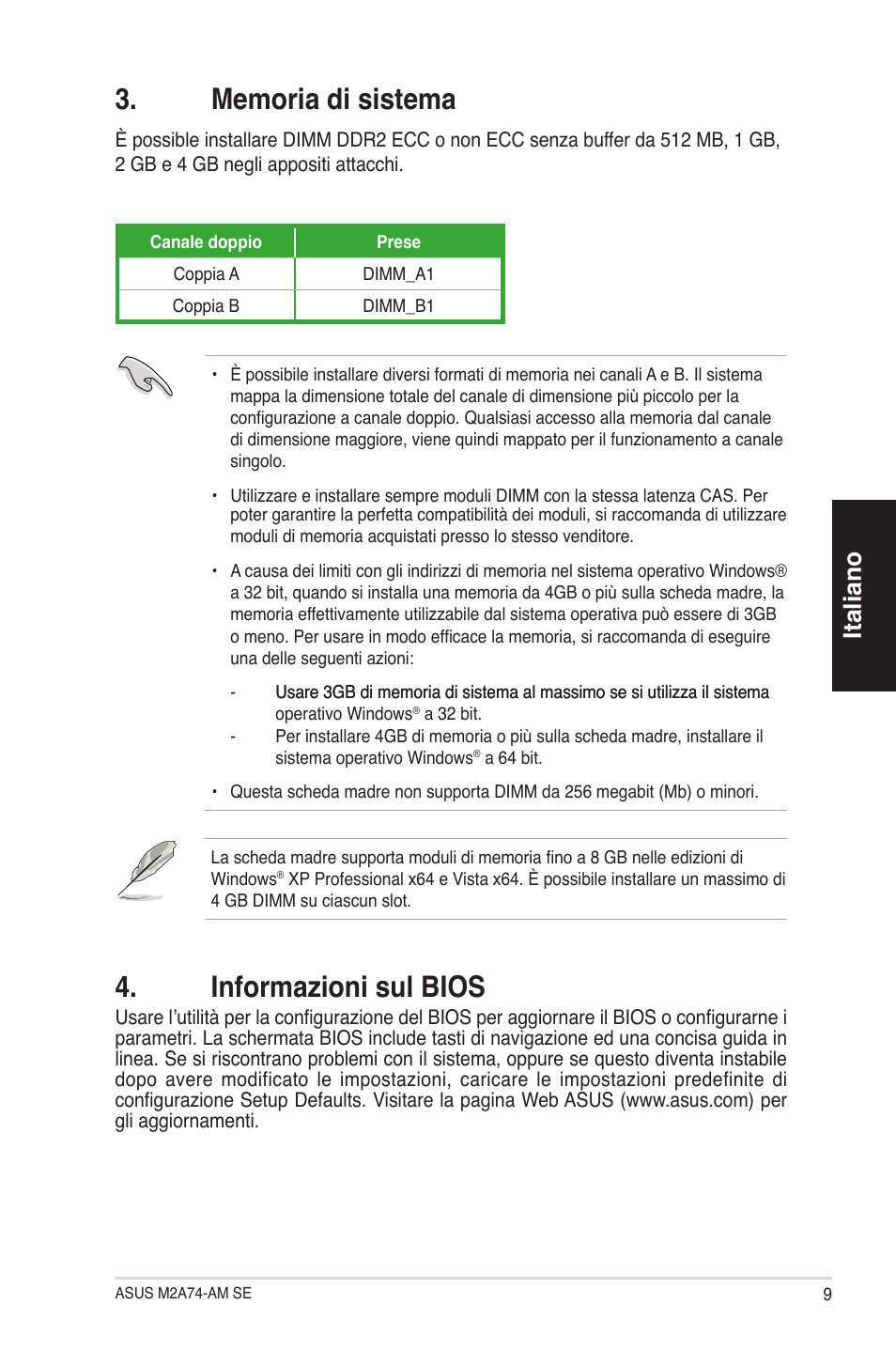 Informazioni sul bios, Italiano | Asus M2A74-AM SE User Manual | Page 9 / 38