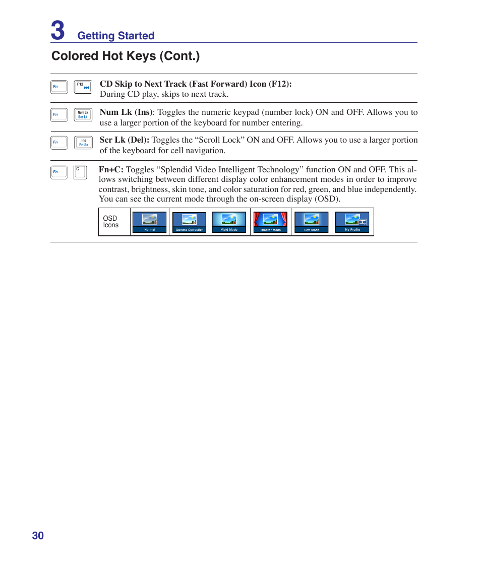 Colored hot keys (cont.) | Asus Z84J User Manual | Page 30 / 71
