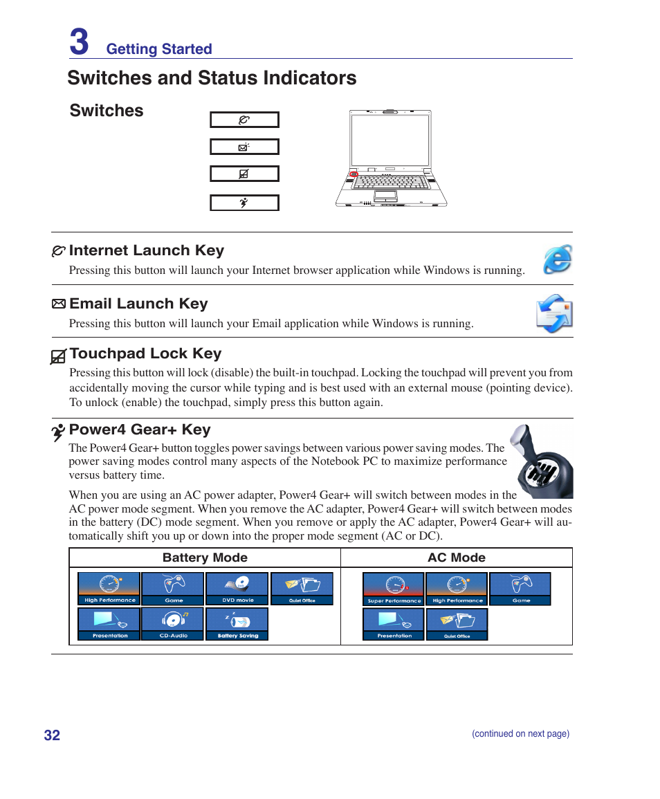 Switches and status indicators, Switches | Asus Z84J User Manual | Page 32 / 71