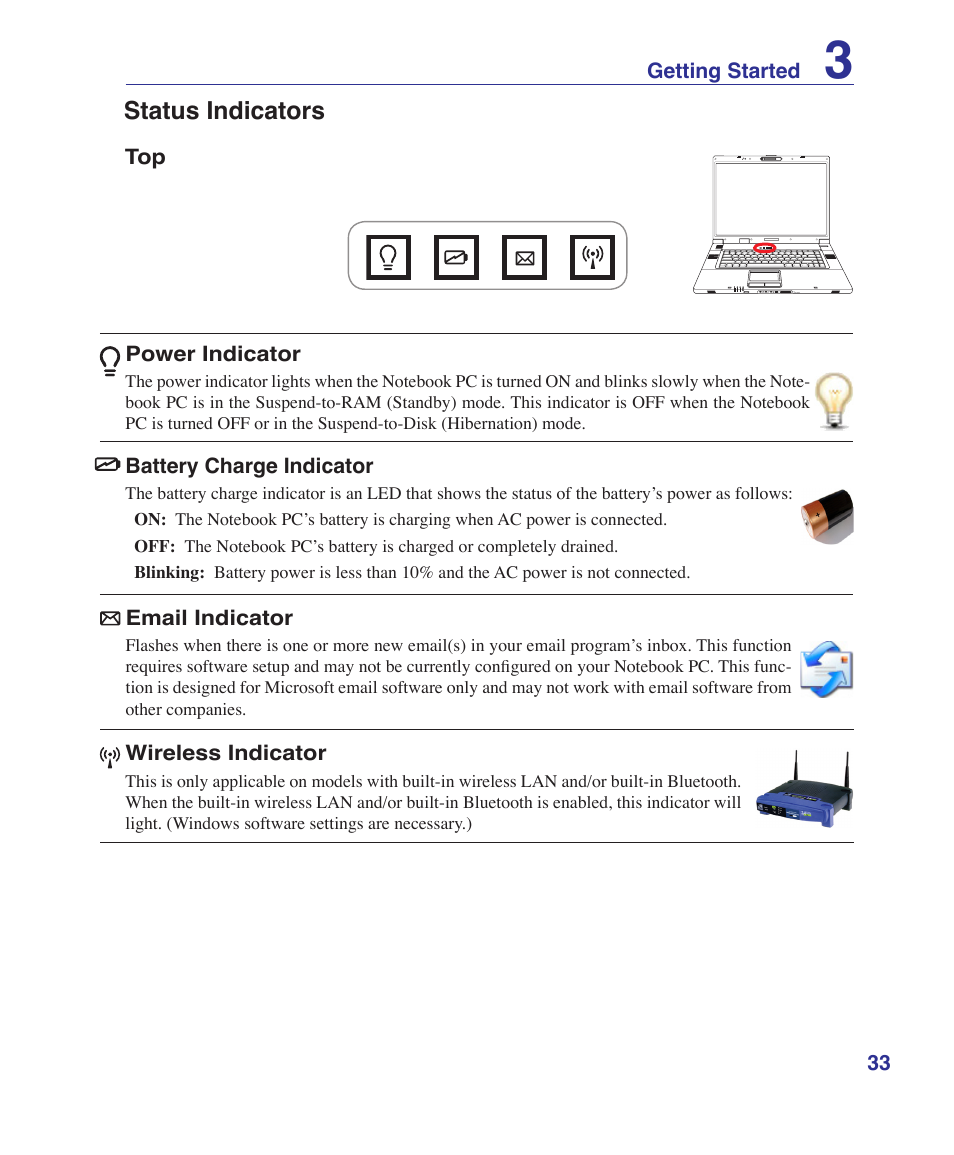 Status indicators | Asus Z84J User Manual | Page 33 / 71