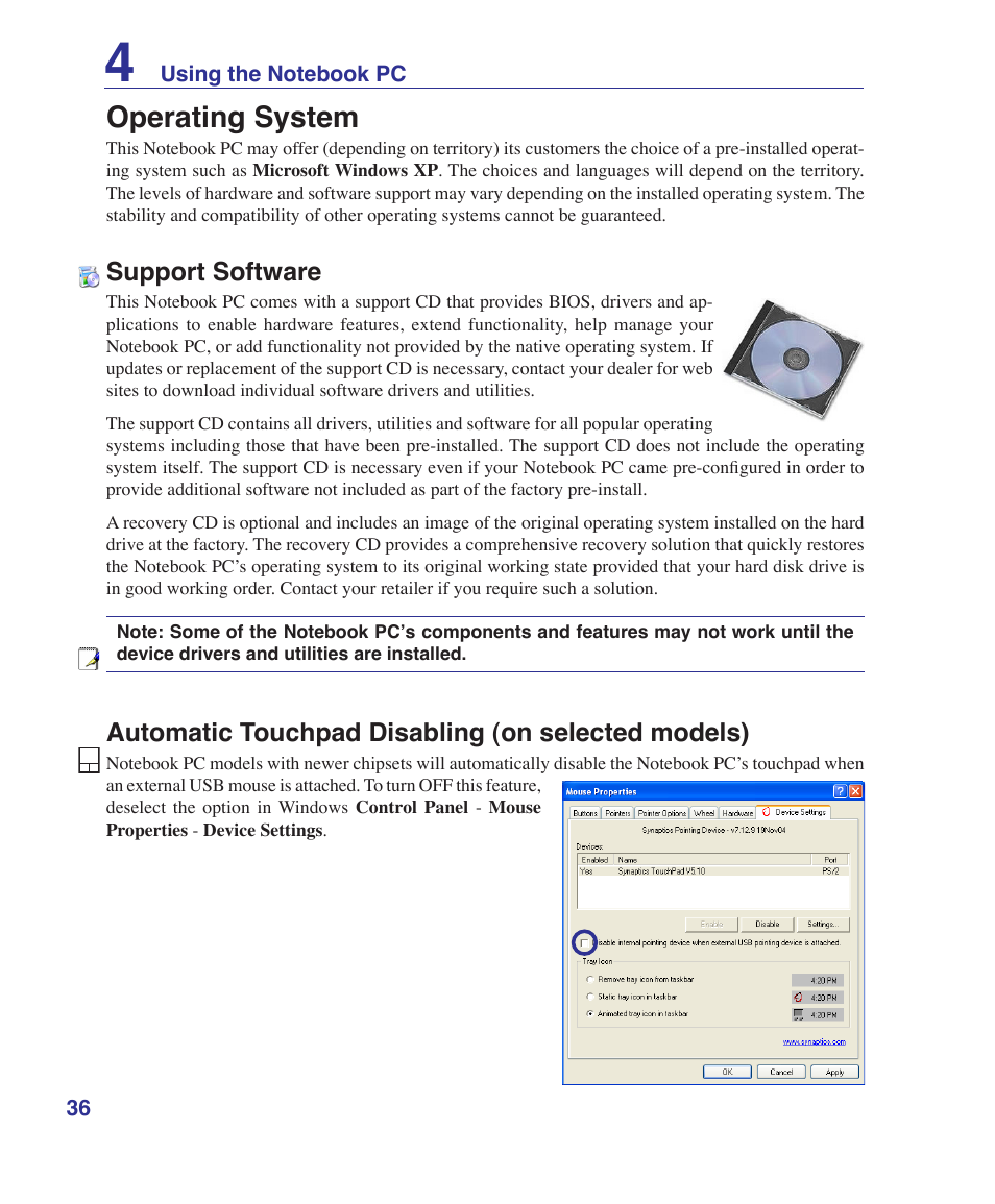 Operating system, Support software, Automatic touchpad disabling (on selected models) | Asus Z84J User Manual | Page 36 / 71