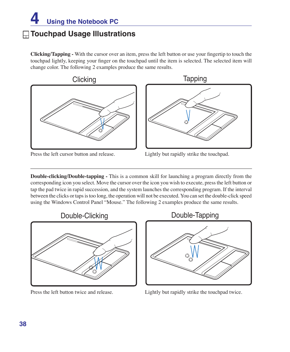 Touchpad usage illustrations | Asus Z84J User Manual | Page 38 / 71