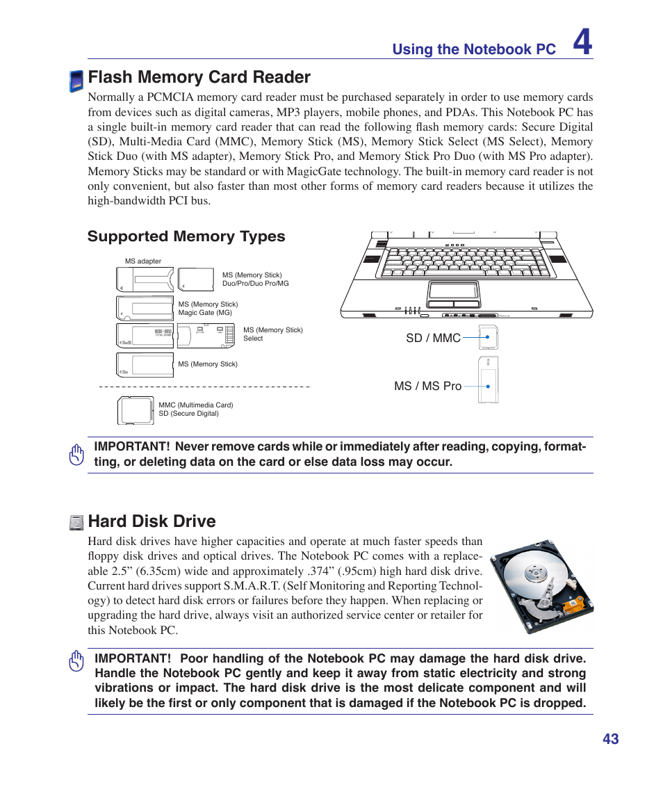 Flash memory card reader, Hard disk drive | Asus Z84J User Manual | Page 43 / 71