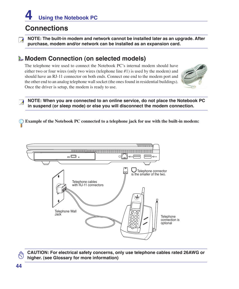 Connections, Modem connection (on selected models) | Asus Z84J User Manual | Page 44 / 71