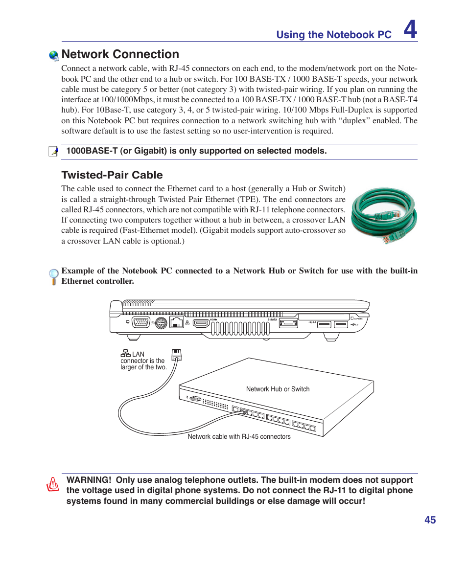 Network connection | Asus Z84J User Manual | Page 45 / 71