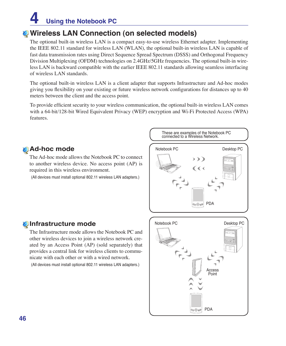 Wireless lan connection (on selected models) | Asus Z84J User Manual | Page 46 / 71