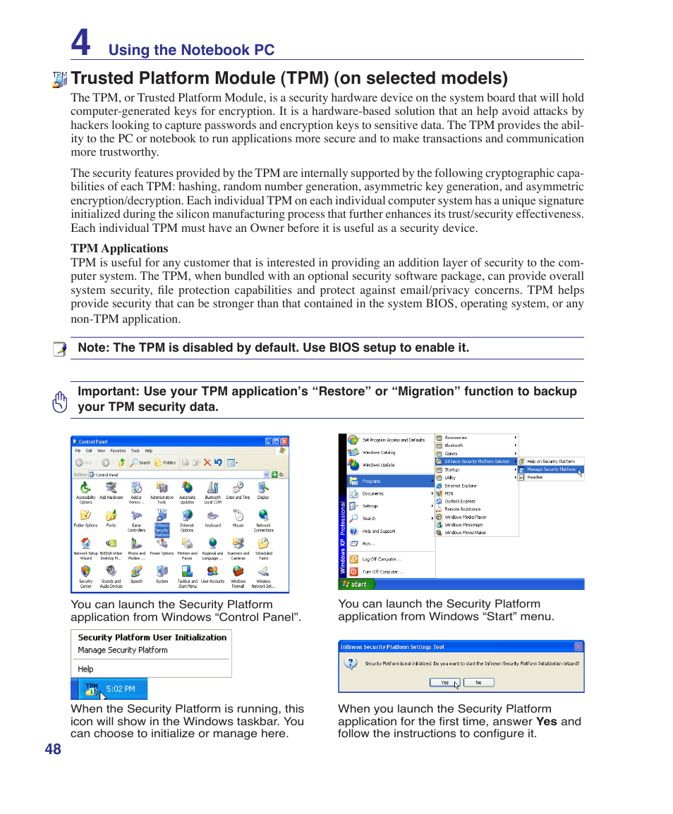 Trusted platform module (tpm) (on selected models) | Asus Z84J User Manual | Page 48 / 71