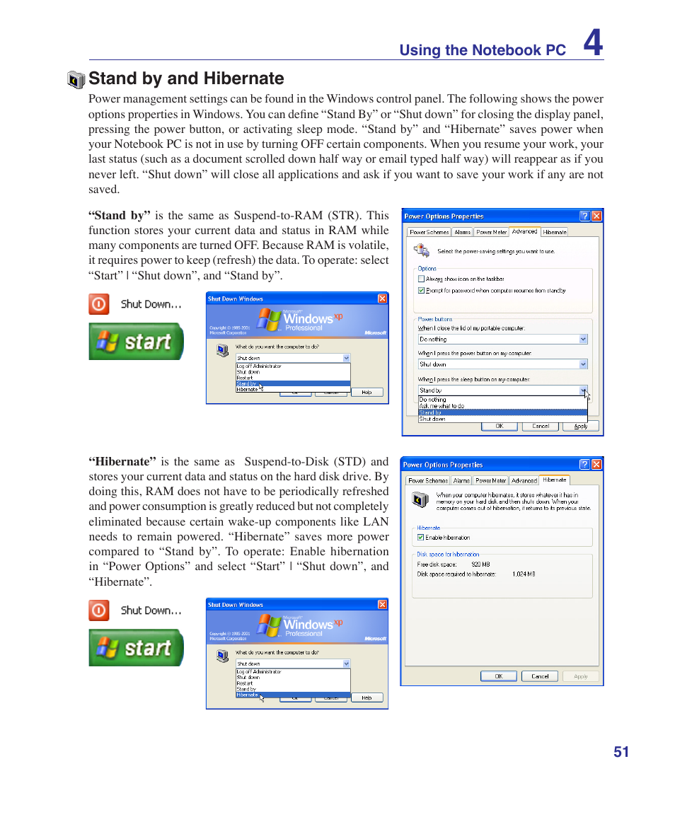 Stand by and hibernate | Asus Z84J User Manual | Page 51 / 71