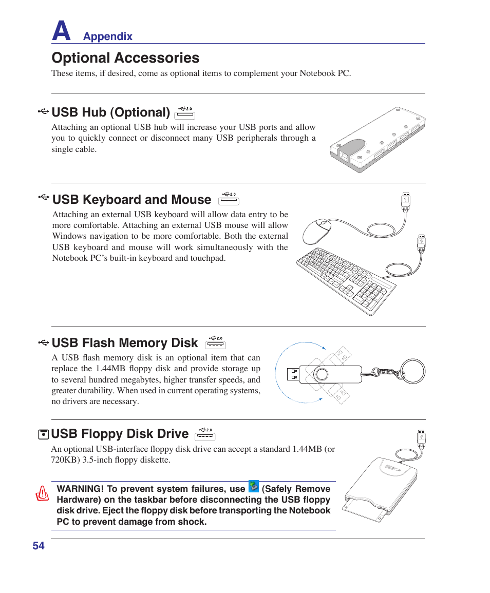 Optional accessories, Usb hub (optional), Usb floppy disk drive | Usb keyboard and mouse | Asus Z84J User Manual | Page 54 / 71