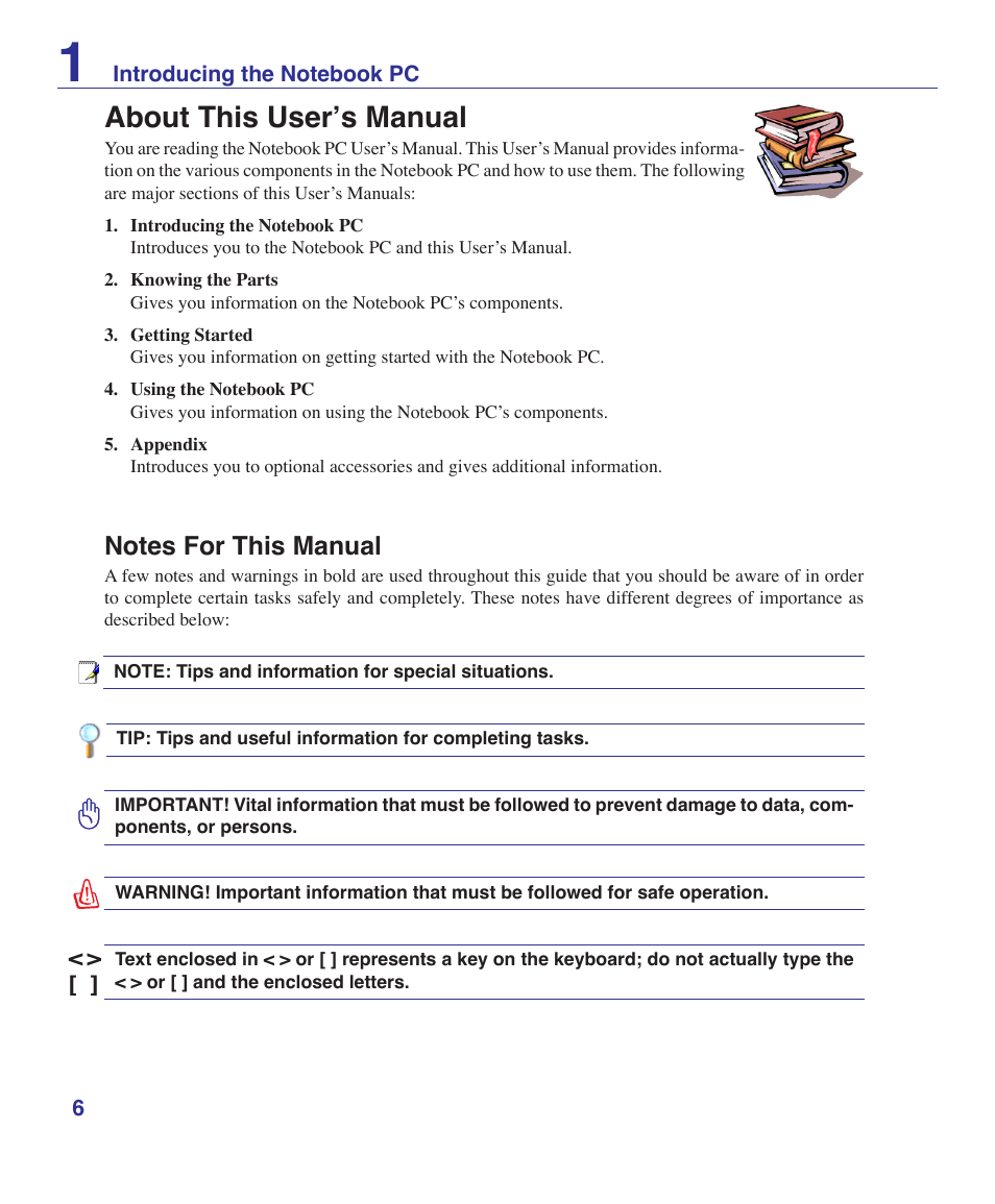 About this user’s manual, Notes for this manual | Asus Z84J User Manual | Page 6 / 71