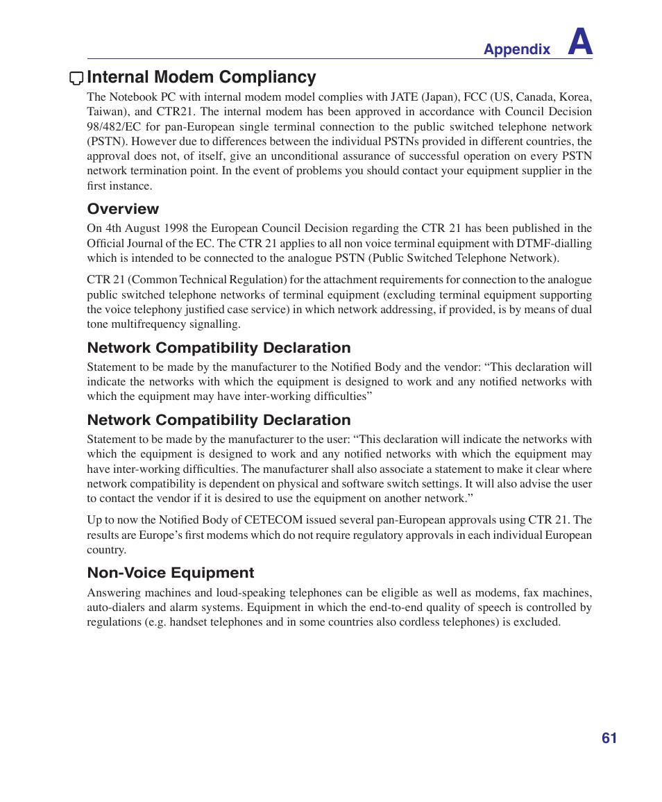 Internal modem compliancy | Asus Z84J User Manual | Page 61 / 71