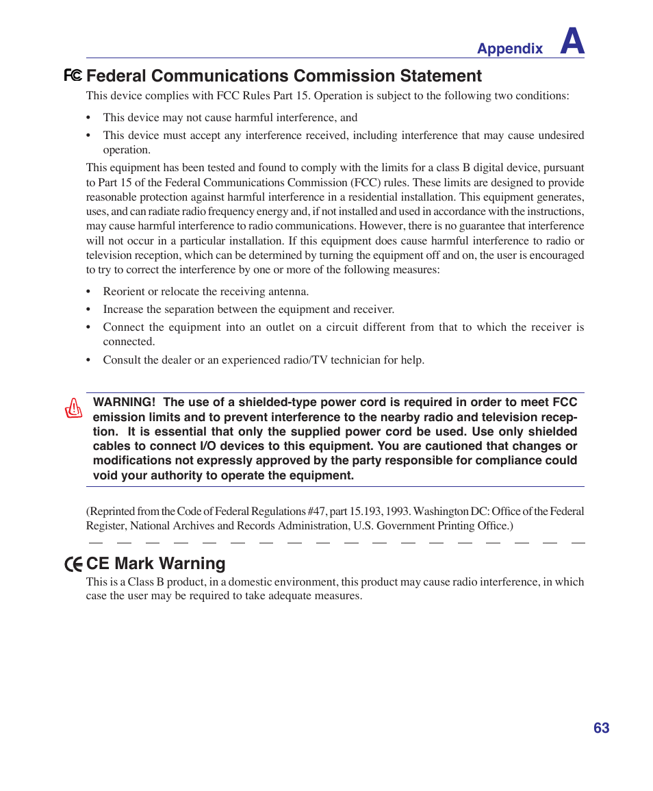 Federal communications commission statement, Ce mark warning | Asus Z84J User Manual | Page 63 / 71