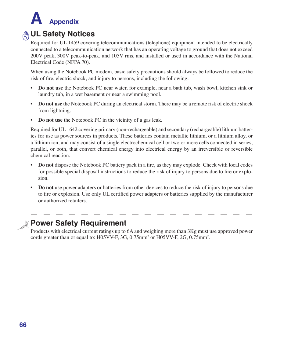 Ul safety notices, Power safety requirement | Asus Z84J User Manual | Page 66 / 71