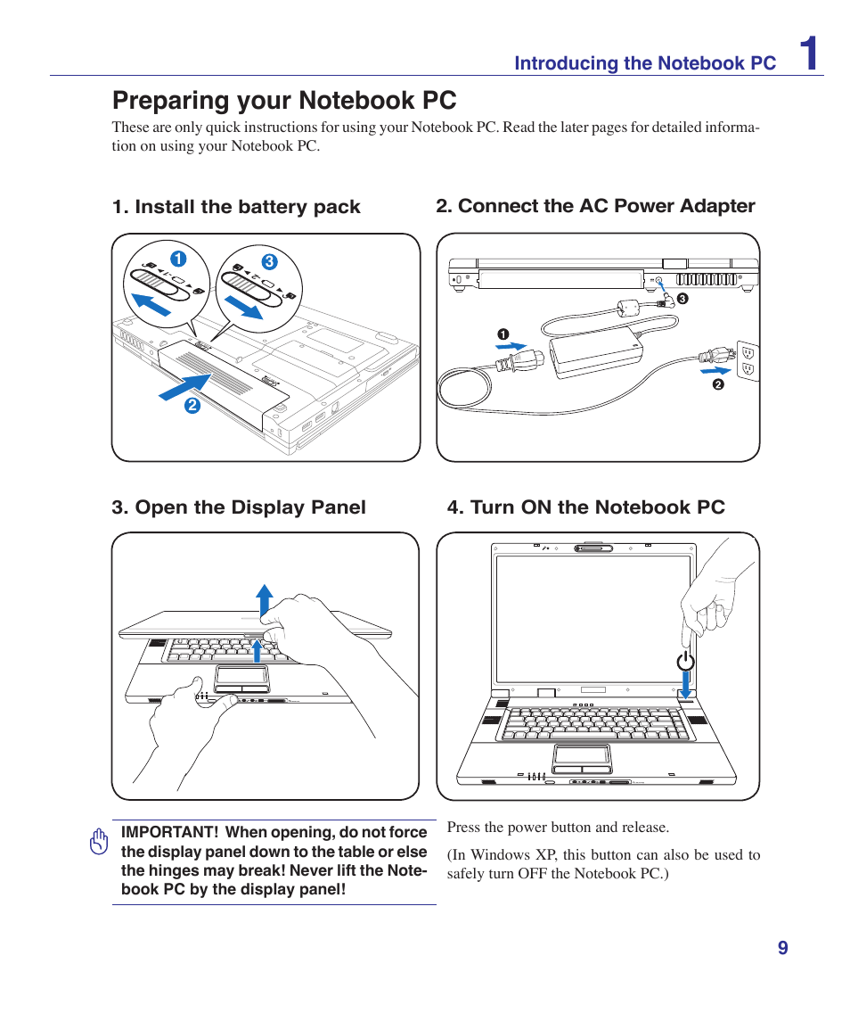 Preparing your notebook pc | Asus Z84J User Manual | Page 9 / 71