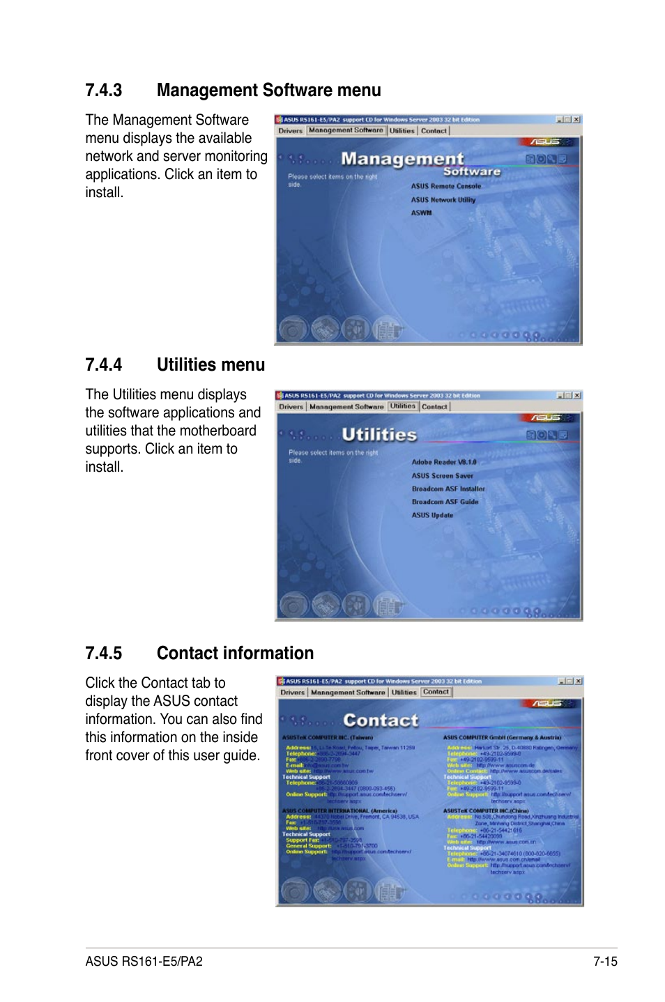 3 management software menu, 4 utilities menu, 5 contact information | Asus RS161-E5/PA2 User Manual | Page 123 / 124