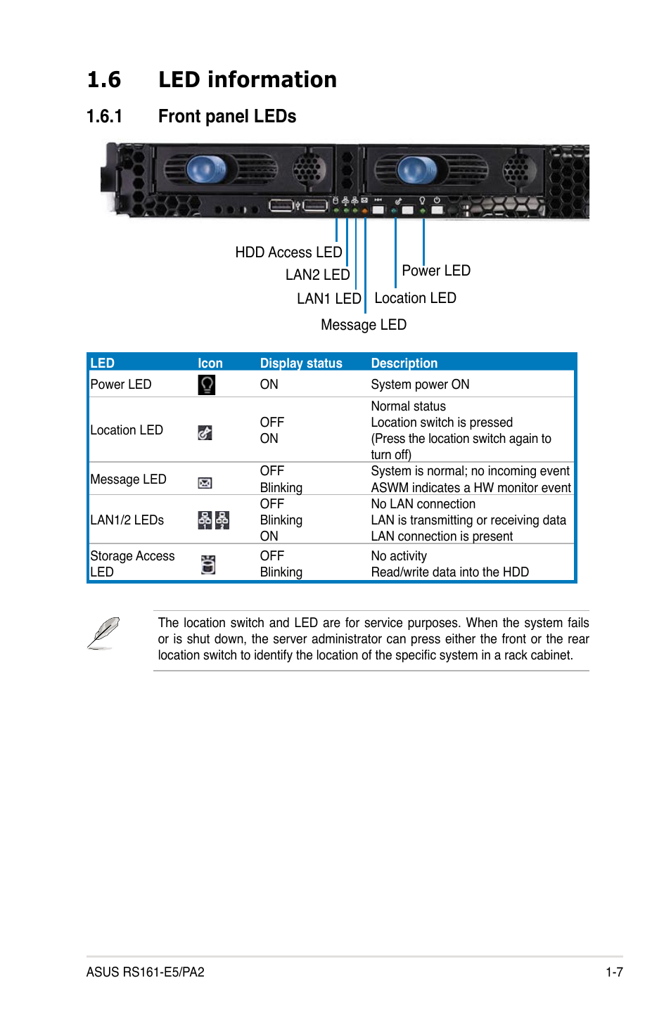 6 led information, 1 front panel leds | Asus RS161-E5/PA2 User Manual | Page 17 / 124