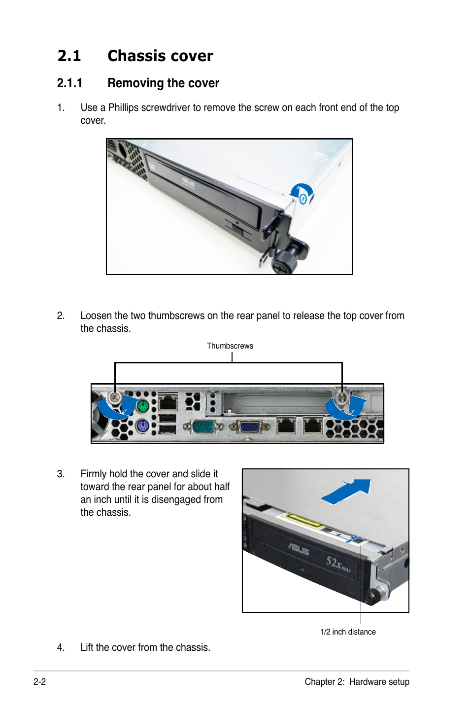 1 chassis cover, 1 removing the cover | Asus RS161-E5/PA2 User Manual | Page 20 / 124