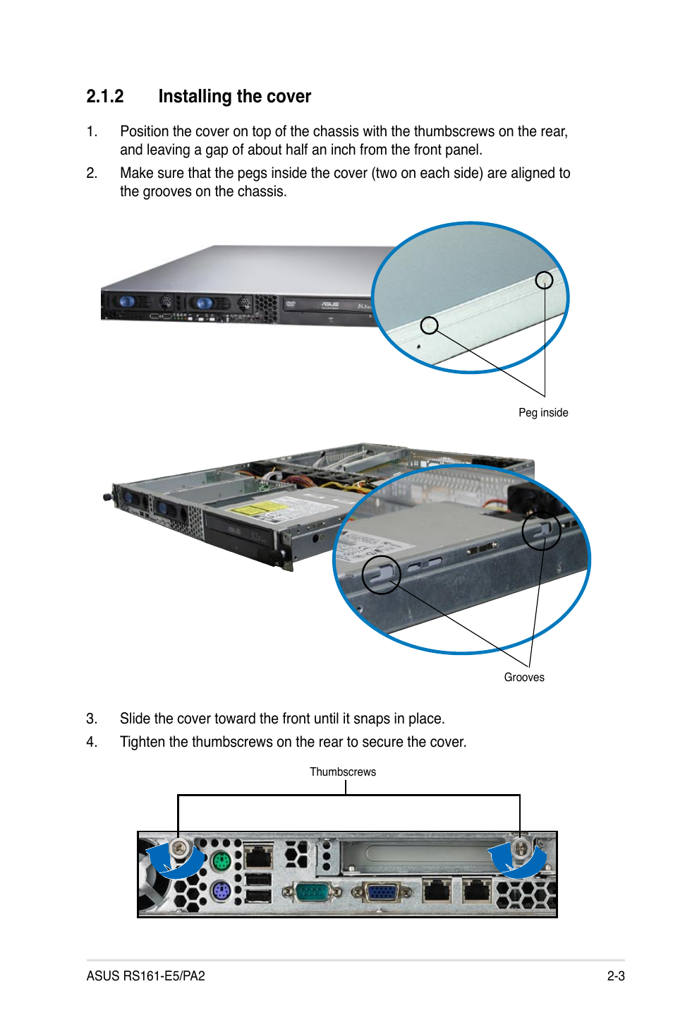 2 installing the cover | Asus RS161-E5/PA2 User Manual | Page 21 / 124
