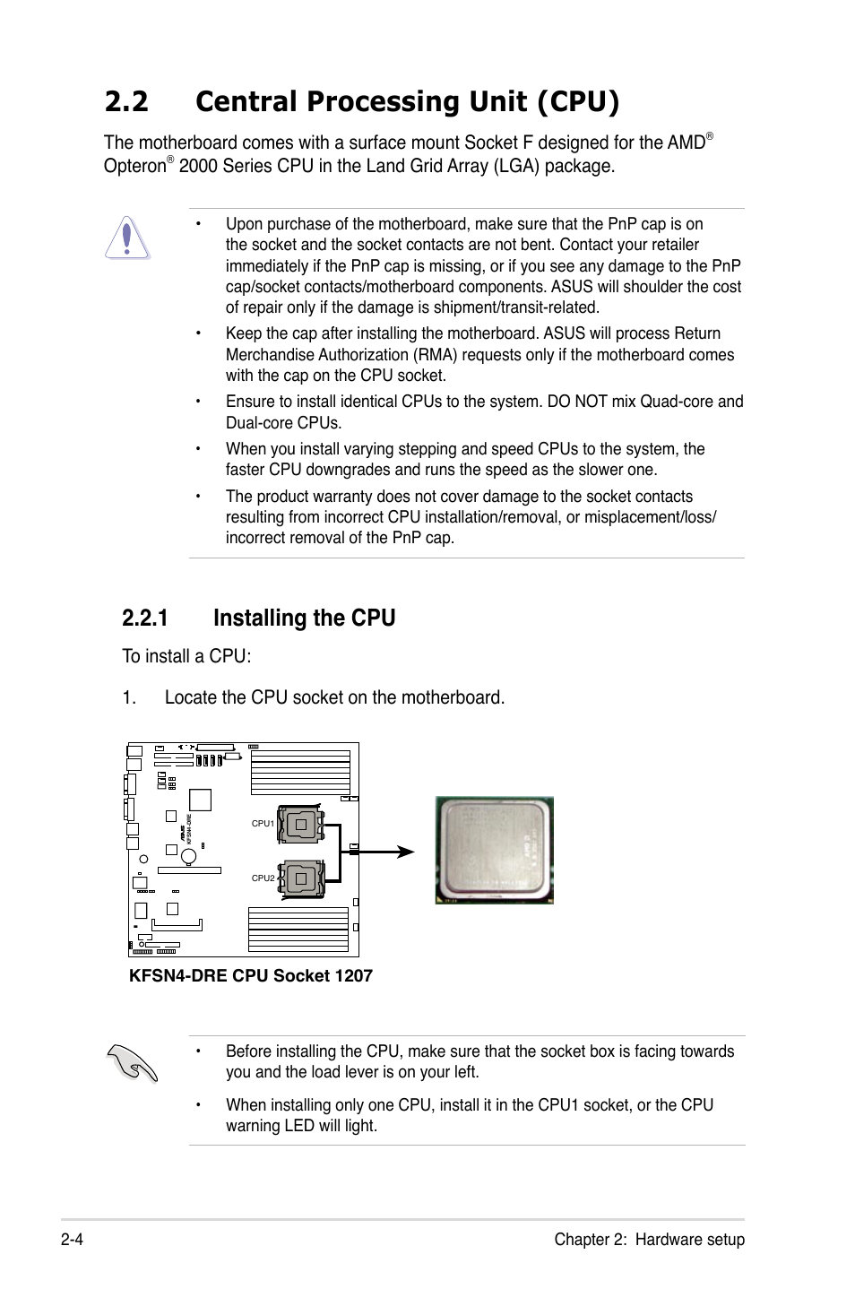 2 central processing unit (cpu), 1 installing the cpu | Asus RS161-E5/PA2 User Manual | Page 22 / 124
