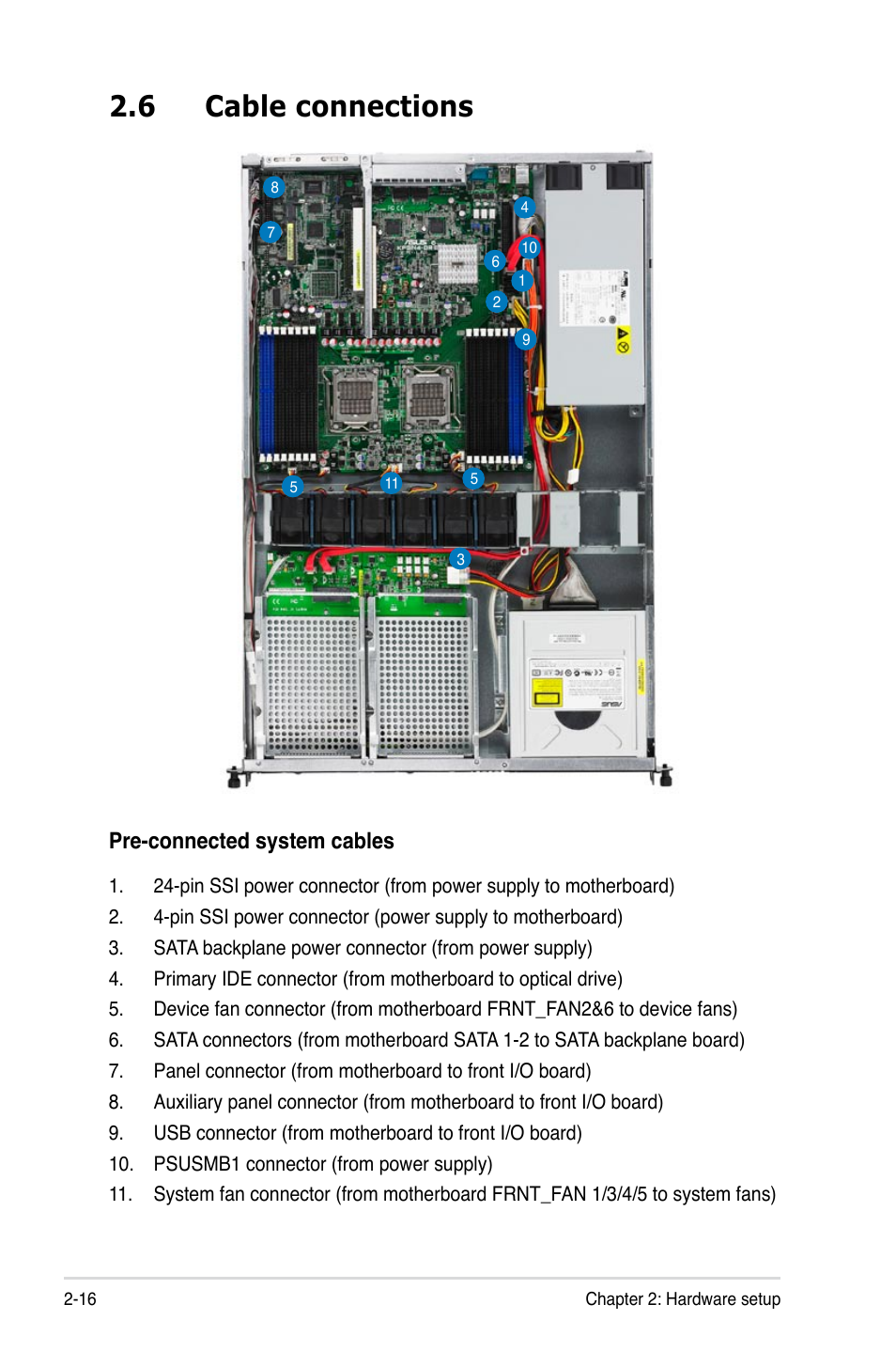 6 cable connections, Pre-connected system cables | Asus RS161-E5/PA2 User Manual | Page 34 / 124