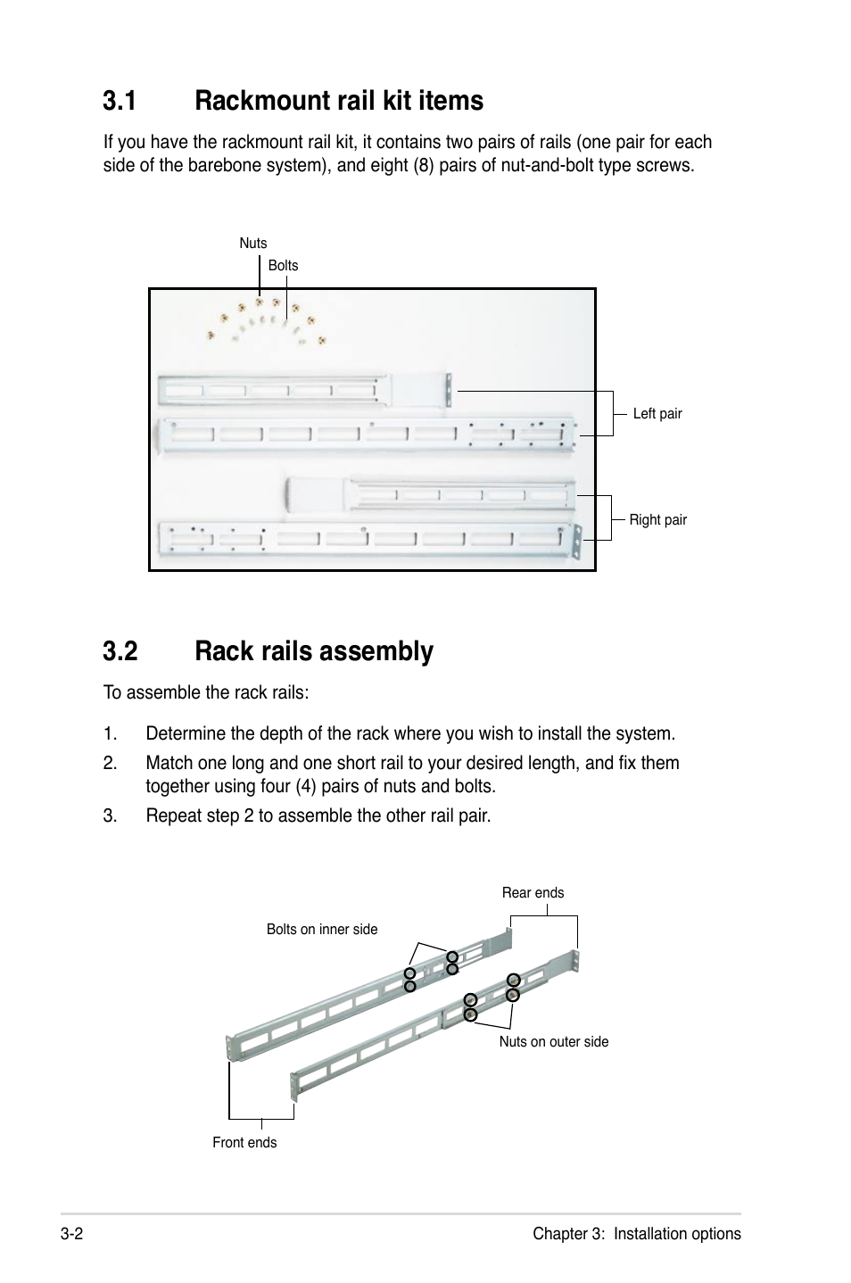 1 rackmount rail kit items, 2 rack rails assembly | Asus RS161-E5/PA2 User Manual | Page 46 / 124