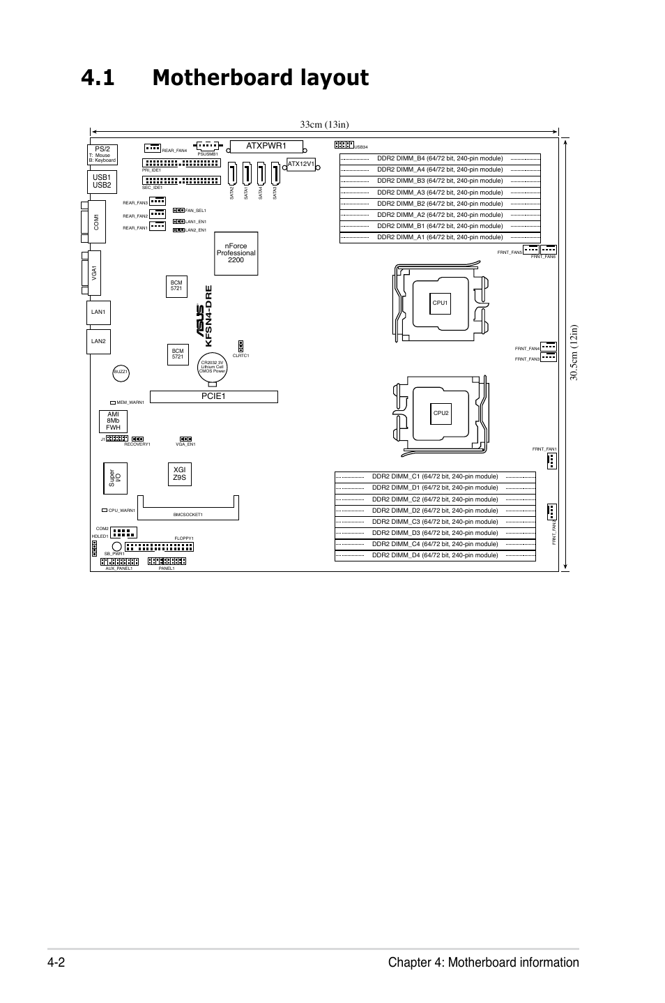 1 motherboard layout, Chapter 4: motherboard information 4-2, Atxpwr1 | Pcie1 | Asus RS161-E5/PA2 User Manual | Page 50 / 124