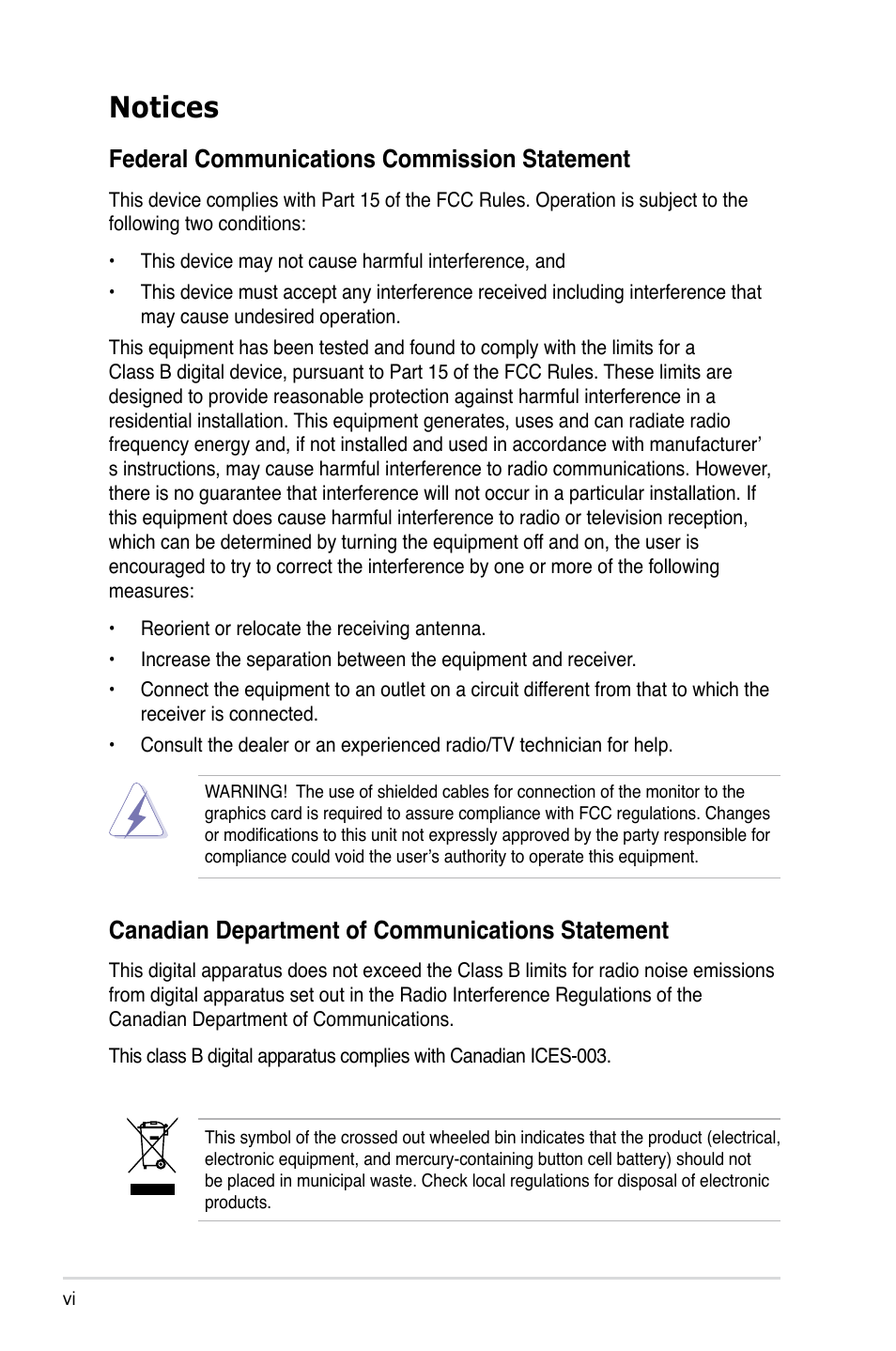 Notices, Federal communications commission statement, Canadian department of communications statement | Asus RS161-E5/PA2 User Manual | Page 6 / 124