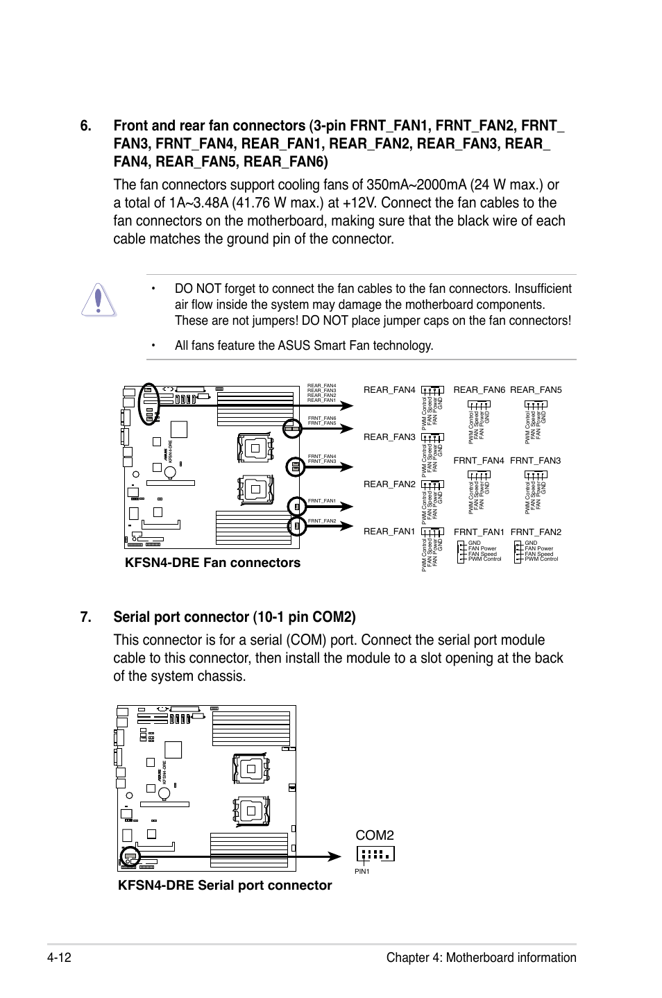 Chapter 4: motherboard information 4-12, Kfsn4-dre serial port connector, Com2 | Kfsn4-dre fan connectors | Asus RS161-E5/PA2 User Manual | Page 60 / 124
