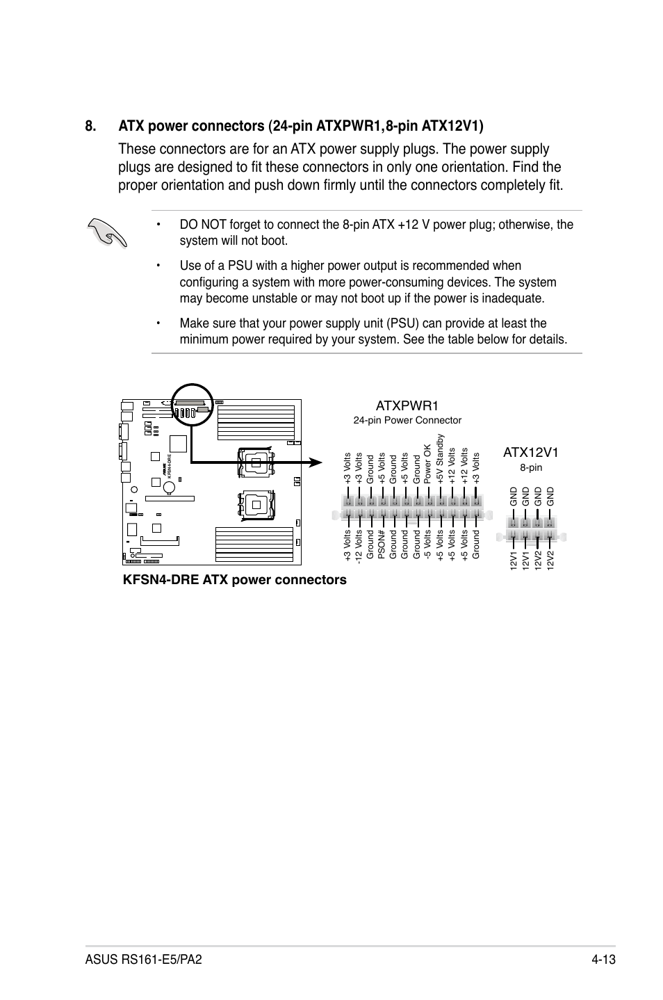 Kfsn4-dre atx power connectors, Atxpwr1 atx12v1 | Asus RS161-E5/PA2 User Manual | Page 61 / 124