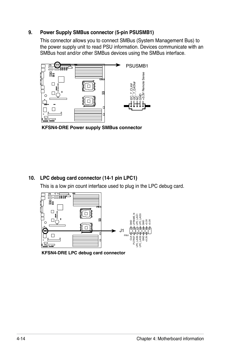 Chapter 4: motherboard information 4-14, Kfsn4-dre power supply smbus connector psusmb1, Kfsn4-dre lpc debug card connector j1 | Asus RS161-E5/PA2 User Manual | Page 62 / 124