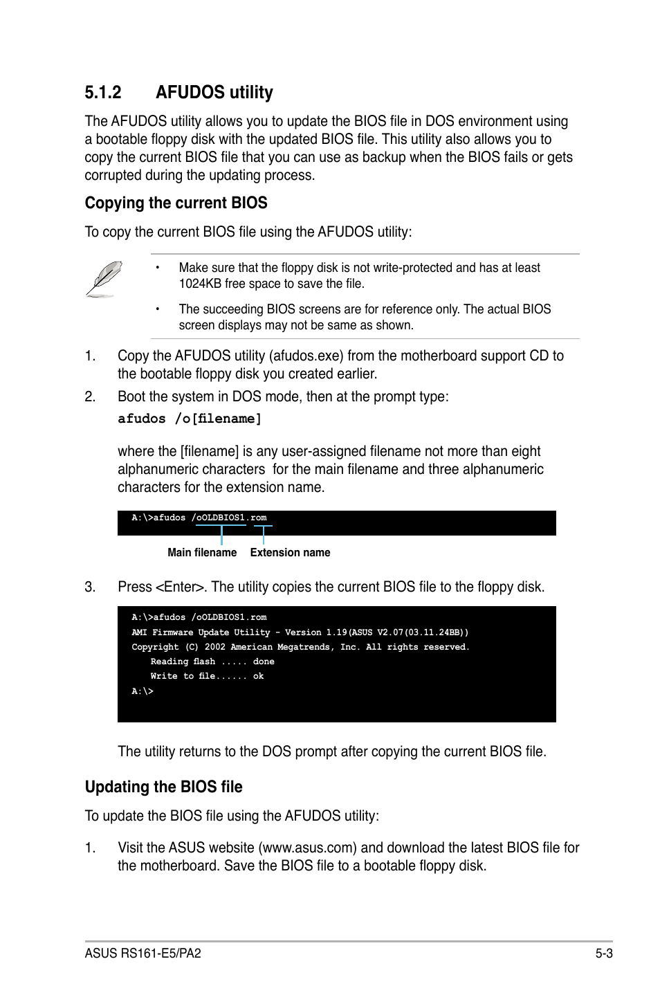 2 afudos utility, Copying the current bios, Updating the bios file | Asus RS161-E5/PA2 User Manual | Page 67 / 124