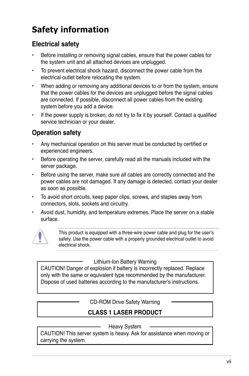 Safety information, Electrical safety, Operation safety | Asus RS161-E5/PA2 User Manual | Page 7 / 124