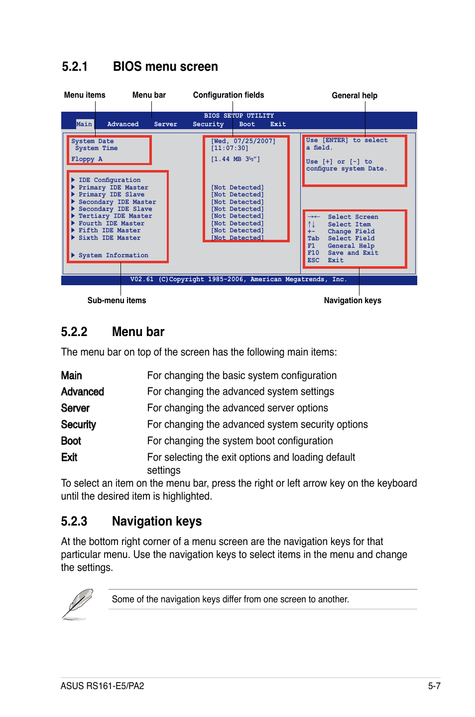 2 menu bar, 3 navigation keys, 1 bios menu screen | Asus RS161-E5/PA2 User Manual | Page 71 / 124