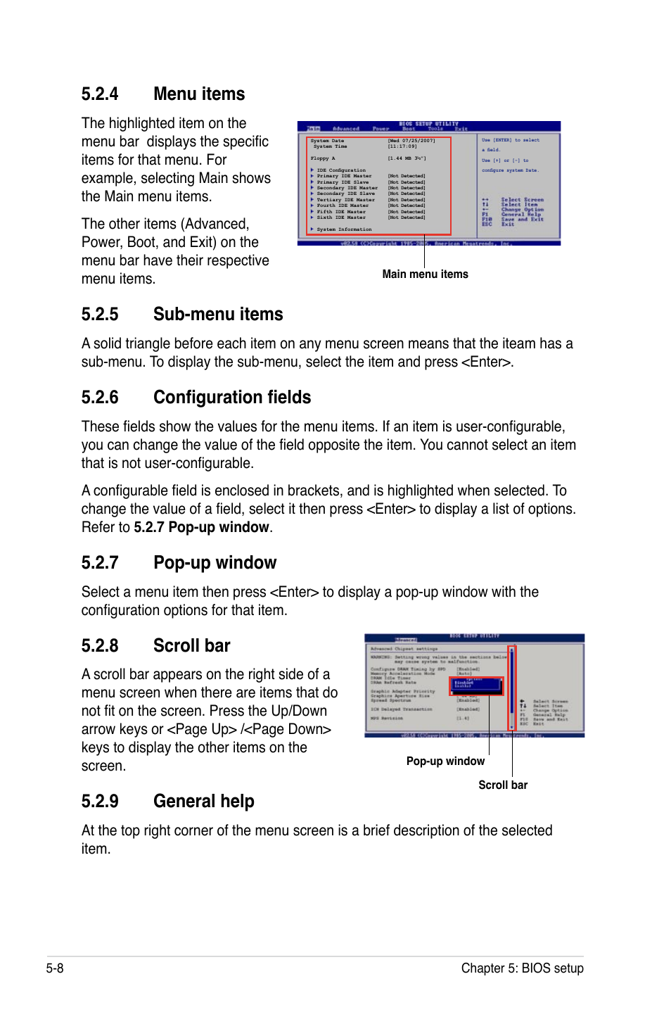 4 menu items, 5 sub-menu items, 6 configuration fields | 7 pop-up window, 8 scroll bar, 9 general help | Asus RS161-E5/PA2 User Manual | Page 72 / 124