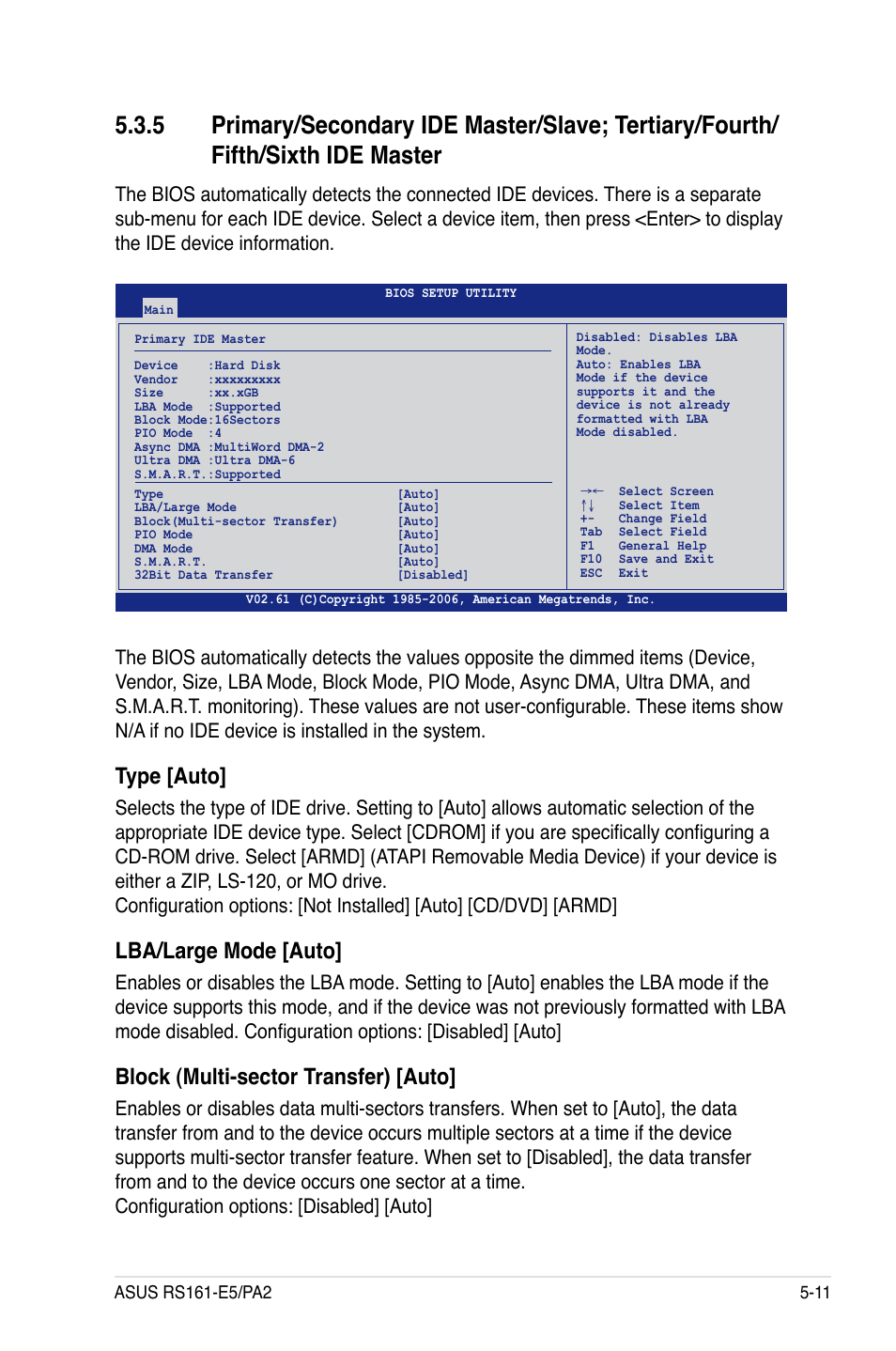 Type [auto, Lba/large mode [auto, Block (multi-sector transfer) [auto | Asus RS161-E5/PA2 User Manual | Page 75 / 124